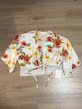 Timing Floral Sheer Tie-Front Crop Top with Lace Trim